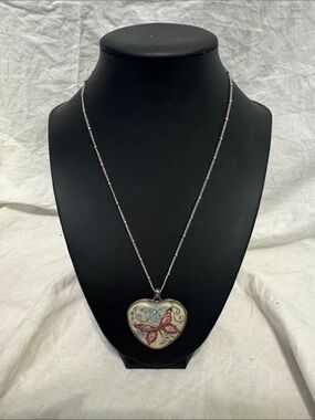 Brighton Silver-Tone Heart Necklace with Pink Butterfly Motif